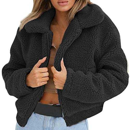 Women's Winter Solid Lapel Fleece Shearling Jacket Cropped Teddy Bear Jacket Zipper Faux Fur Cardigan Outwear Coat