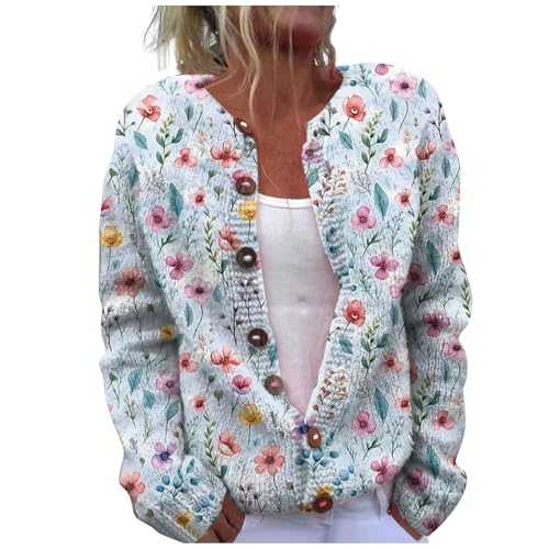 Uwdiohq Cardigans for Women UK 2025 Summer Autumn Womens Casual Loose Fit Single Plush Art Floral Print Comfortable Knitted Cardigan Ladies Long Sleeve Button Down Lightweight Jackets