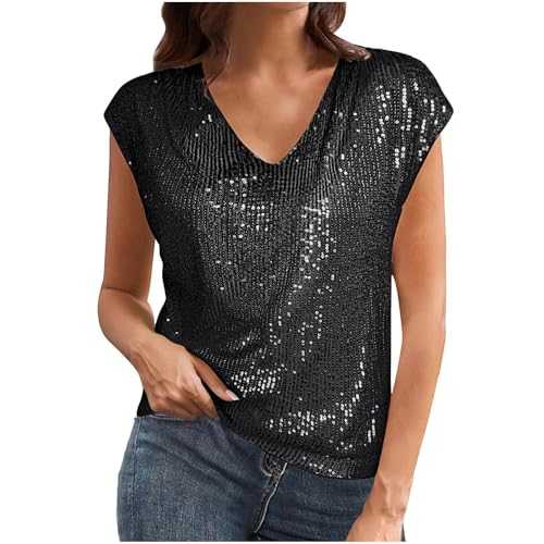 NSICBMNO Sparkly Tops for Women UK Party Tops Sequin Tank Tops Ladies Glitter Tops Sleeveless T Shirts V Neck T Shirts Plus Size Going Out Tops Y2K Camisole Tops Loose Blouses for Club Cocktail