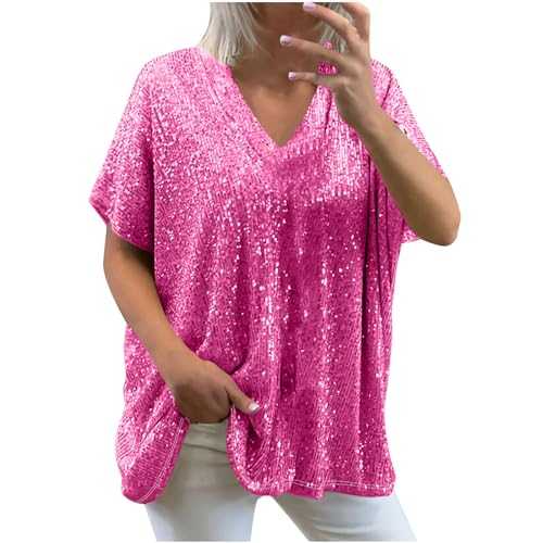 AMhomelyEvening Tops for Women UK Sparkling Long Sleeve Oversized T Shirts Women Plus Size V Neck Sparkle Top Shimmer Glitter Short Sleeve T-Shirt Loose Fit Tunics Blouse Sequin Ladies Tunic Top
