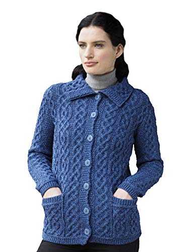 Aran Crafts Women's Irish Cable Knit Collared Button Cardigan (100% Merino Wool)