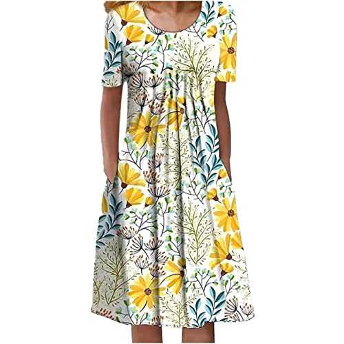 AMDOLE Maxi Dresses for Women UK Neck Pocket Short Sleeved Printed Dress Fashion Temperament Long Dress Maxi Dress