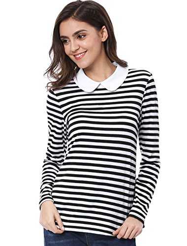 Allegra K Women's Long Sleeves Peter Pan Contrast Striped Blouse Top