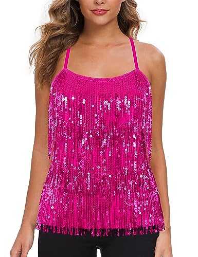 MANER Women’s Sequin Fringe Top Sparkly Party Tank Top Tassel Trim Cami