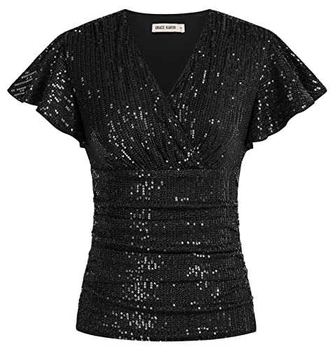 GRACE KARIN Women's Sequin Tops for Cocktail Party Evening Glitter Sparkly Blouse Dressy Ruched Wrap Ladies Tops