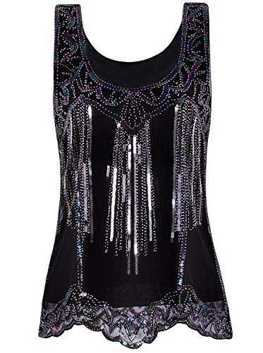 VIJIV Womens 1920s Vintage Beaded Tops Art Deco Sleeveless Embellished Sparkly Sequin Vest Tank Top