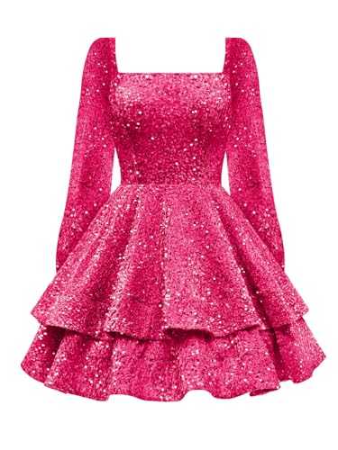 CDSSL Women's Sparkly Sequin Long Sleeve Homecoming Dresses for Teens Glitter Tiered Short A-Line Formal Cocktail Prom Dress
