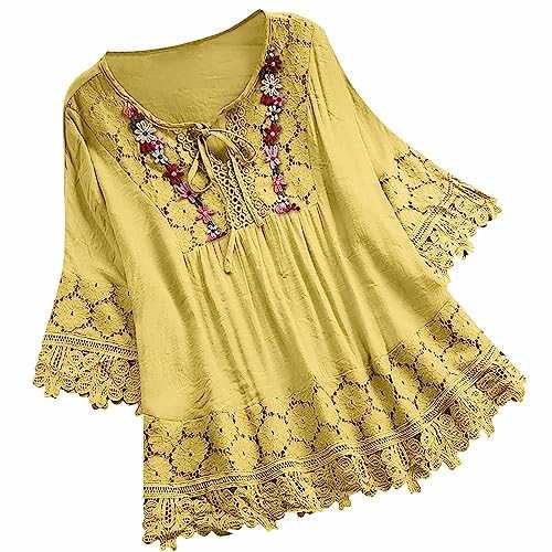 Ladies T Shirts UK Womens Tops Round Neck 3/4 Length Puff Sleeve Blouses Hollow Ladies Casual T Shirts Simple Vacation Pleated Pullover Size Basic T Shirts