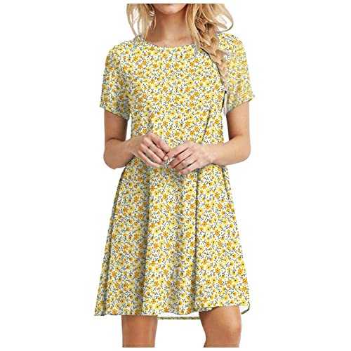 Summer Dresses for Women - Women's Summer Casual Loose Crewneck Boho Dress Floral Print Short Sleeve Loose Tunic T Shirt Dress Casual Short Dress Straight Mini Dress High Waist Midi Beach Dress