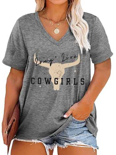 Womens Plus Size T Shirt Country Music Cowgirl Shirt Vintage Cow Printed Tshirts V Neck Short Sleeve Tops
