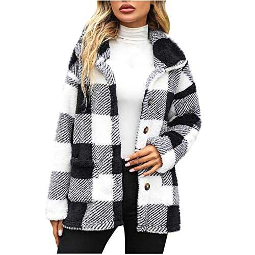 Zeiayuas Women Sherpa Fleece Jackets Check Coat Plaid Tartan Jacket Fuzzy Fluffy Teddy Coats Plush Warm Winter Outerwear Casual Loose Checkered Coats for Skiing Snowboarding
