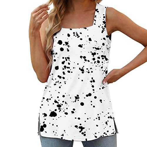 Kmdwqf Women's Fashion Casual Printing Square Neck Split Sleeveless Top Striped Tops for Women UK Women Shirts and Blouse Sale Clearance Friendship Gifts for Women Womens Clothes Sale Clearance