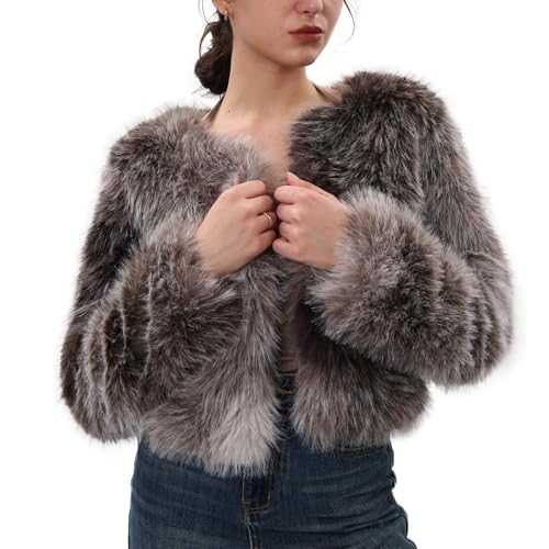 Amazhiyu Womens Faux Fur Coat, Winter Long Sleeve Open Front Jacket Crew Neck Outwear Plush Warm Cardigan with Pocket