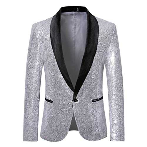 Blazers for Men UK Casual Fashion Suit Sequin Male Stage Suit Slim Fit Personality Performance Jacket Suit Solid Color Lightweight Pocket Sports Suit
