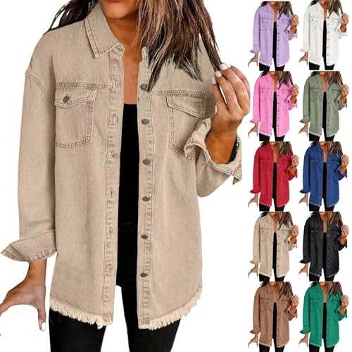 Denim Jacket for Women UK Button Down Oversized 2025 Casual Long Frayed Hem Shacket Coats Long Sleeve Jean Jackets Ladies Spring Washed Black Denim Jacket Womens Summer Jackets for Women UK