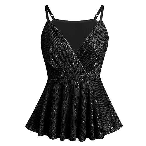 Odizli Women Glitter Sparkle Sequin Elegant Sleeveless V Neck Peplum Vest Tops