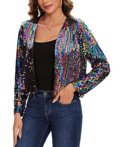 LADI TREND Fully Lined Sequin Shrug Bolero Glitter Cardigan Jackets Long Sleeve Cropped Top Open Front Jacket Weddings Cocktail Club Parties and Nights Out
