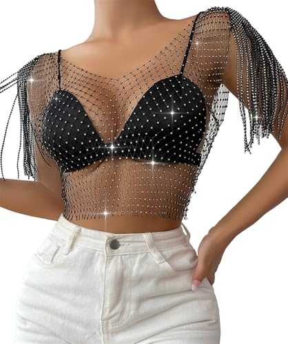 FEOYA Women Sexy Sheer Mesh See Through Crop Top Long Sleeve Glitter Sequin Shirt Rhinestone Transparent Sparkle Blouse Party Clubwear