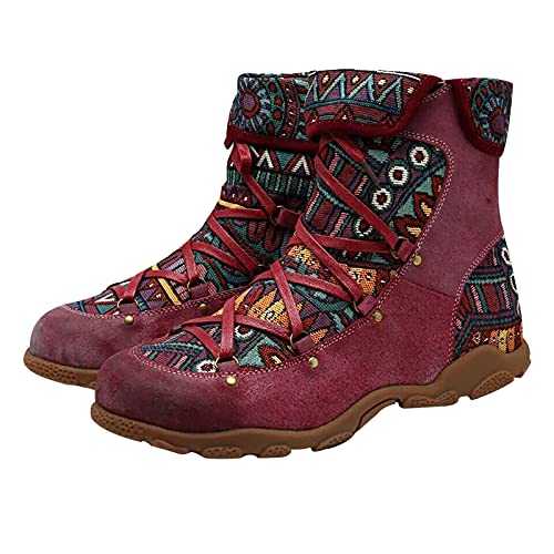 Women's Ladies Short Boots Retro Bohemian Style Side Zip Casual Ankle Boots Lace Up Flat Cowboy Boots Casual Comfy Outdoor Non-slip Leather Boots Shoes UK Size 4-7.5 Sales Clearance