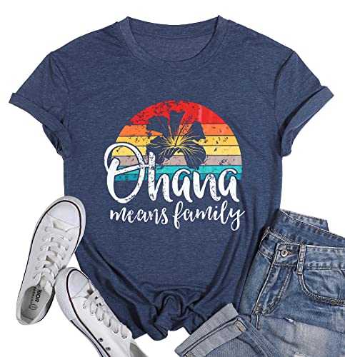 MYHALF Ohana Means Family Shirt Women Hawaiian Shirt Funny Beach T-Shirts Summer Vacation Short Sleeve Tees Tops