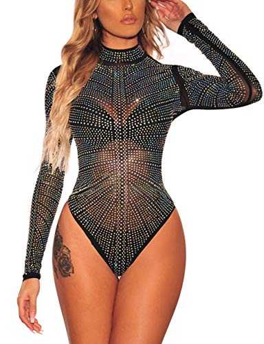 MAYFASEY Women's Bodysuits Sexy Long Sleeves Sheer Mesh See Through Jumpsuit Bodysuit Top Leotard