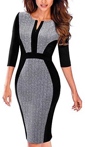 HOMEYEE Women's Vintage 3/4 Sleeve Bodycon Sheath Pencil Dress B409 (UK 8 = Size S, Grey + Black)