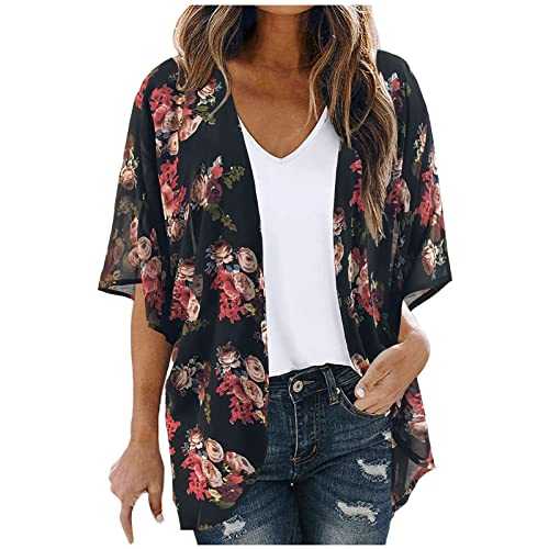 Women Tops Blouse Sale Floral Print Puff Sleeve Kimono Cardigan Loose Chiffon Cover Up Casual Pleated Tunic Blouse Tops Summer Shirt Elegant for Office Daily Clothing UK Size