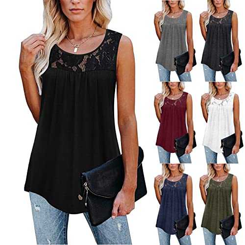 DianD Summer Tops for Women UK Sale Clearance Lace Vest Tops Loose Fit Patchwork Solid Elegant Cami Shirt Pleated Sleeveless T Shirts Casual Flared Blouses Tunics Camisole Tank Tops Size 8-16