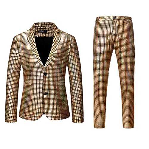 Men's 2 Piece Disco Suit Sets Shiny Blazer Jacket and Pants Metallic Sequin Suits, Mens Night Club Metallic Gold Suit Pants Straight Leg Trousers Plaid Suit Jackets Slim Fit Wedding Formal Dinner Suit