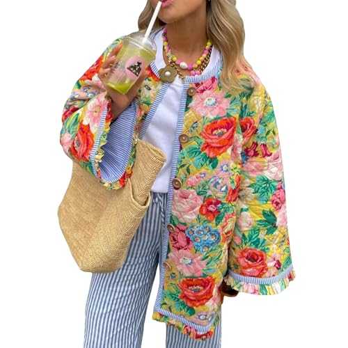 PDYLZWZY Women's Cropped Puffer Quilted Jacket Lightweight Floral Print Short Padded Coat Open Front Cardigan Outwear