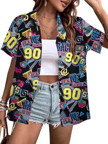 80s 90s Shirts Women Hawaii 80s 90s Outfits Vintage Back to The 90s Graphic Tee Retro Party Disco Short Sleeve Button Up Top
