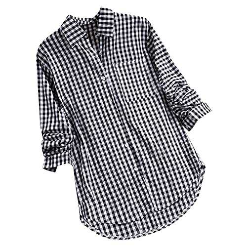 Women's Blouses UK Casual Loose Plaid Long Sleeve Pocket Lapel Vintage Shirt Tops, M-5XL