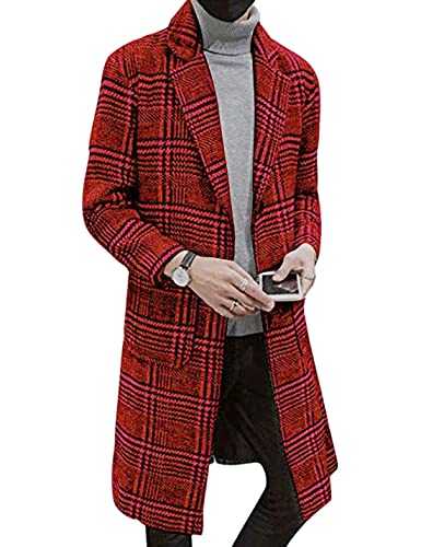 Faleave Men's Trench Coat Plaid Wool Blend Notch Lapel Single Breasted Mid Long Peacoat