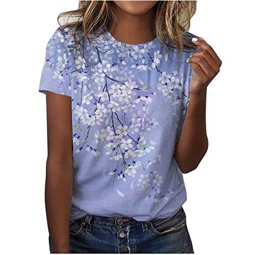 Tops for Women UK Casual Oversized Loose Fit Ladies Blouses Soft Cozy Floral Printed Crew Neck Short Sleeve Tees Summer Elegant Ladies T Shirts