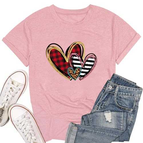 Womens Valentine Shirts Leopard Plaid Love Heart Graphic T Shirt Valentine's Day Tees Top for Her