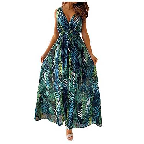 Maxi Dresses for Women Summer Beach Floral Wrap Dress V Neck Sleeveless Sundress High Waisted Wedding Guest Dress Elegant Party Ladies Long Flowy Dress UK Clearance