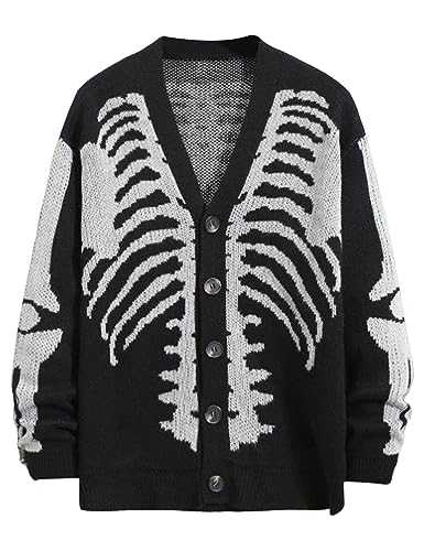 Wyeysyt Men's Skeleton Print Cardigan Sweaters Long Sleeve Oversized V Neck Button Down Outwear Coats