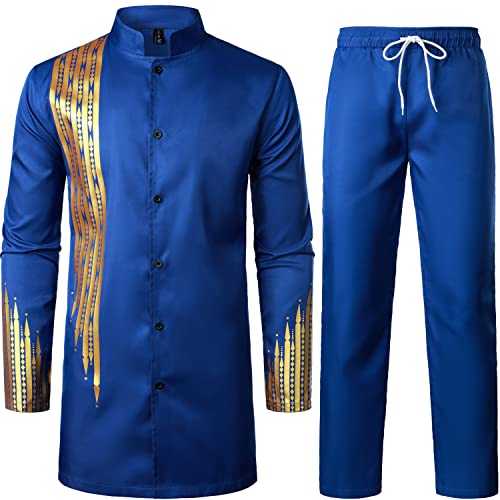 LucMatton Men's 2 Piece Outfit Long Sleeve Button up Shirt and Pants Traditional Ethnic Suit