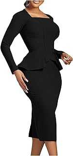 Zeiayuas Elegant Dresses for Women UK Square Neck Ruffle Midi Dress Long Sleeve Work Office Formal Bodycon Dress Ladies Plain Wrapped Pencil Dress