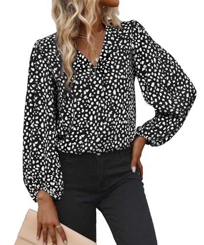 EGRETLAC Long Sleeve Blouses for Women, Leopard Print Chiffon Tops V Neck Loose Business Shirts Casual Work Tunic
