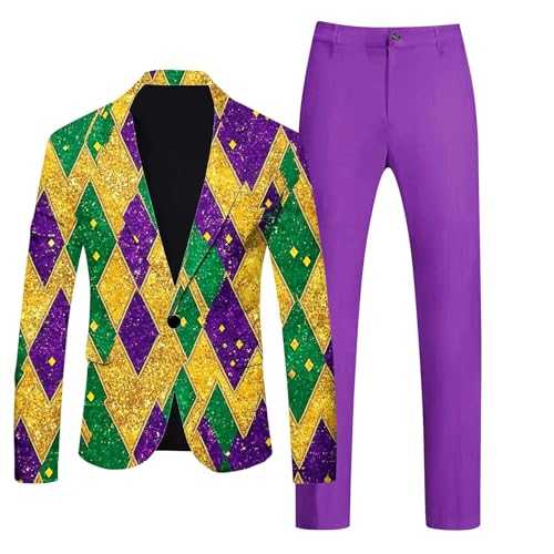 Carnival Suit 2 Piece Men's Slim Fit Suit Jacket Suit Trousers Colourful Jacket Suit Carnival Costume Two Piece Set Funny Novelty Rainbow Suit Blazer Outfit Disco Night Club Performance Costume Set