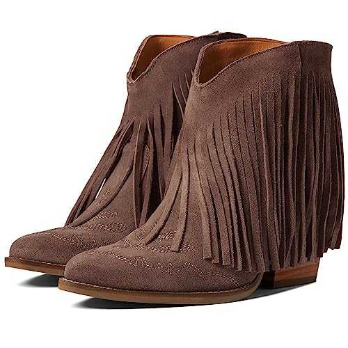 MOOMMO Women Tassel Western Booties Chunky Block Heel Suede Cowboy Ankle Boots Fringe Pointed Closed Toe V-Cut Stacked Heel Slip On Short Boots Boho Cowgirl Embroidered Retro Party 4-11 M US