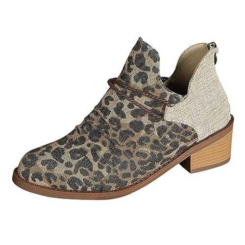 Generisch Retro Leopard Print Patchwork Canvas Back Zip Thick Heel Short Boots Ankle Boots Women With Heel