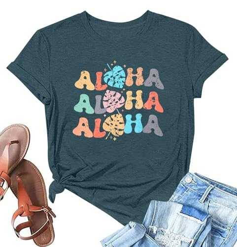 Hawaiian Shirts Women Aloha Graphic Beach T-shirt Funny Leaves Print Short Sleeve Family Vacation Shirt