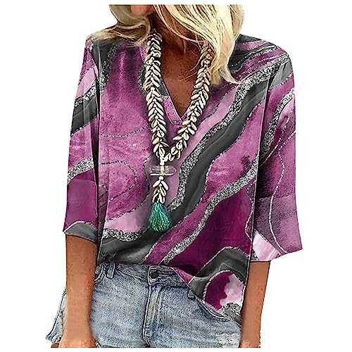Women's Summer Blouses Blouse Casual Loose Shirts 3/4 Sleeve Print V Neck Tops T-Shirts Tee Clothes Older, S-3XL