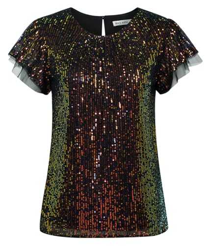 Sequined Tops for Women UK Summer Short Flounce Sleeve Blouses Shirts Loose Party Club Outing Shirts