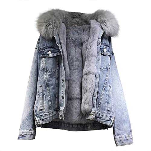 XUETON Women's No Hooded Denim Jackets Warm Winter Thicken Fleece Lined Faux Fur Collar Plus Size Parka Jean Jackets Coat Size S-2XL