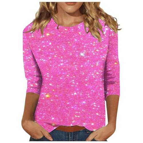 Women Trendy Colorful Shiny Printed Sparkly Festival Party Shirt Blouse Ladies Trendy Comfy Round Neck 3/4 Sleeve Shining Glitter Top Blouse Sale