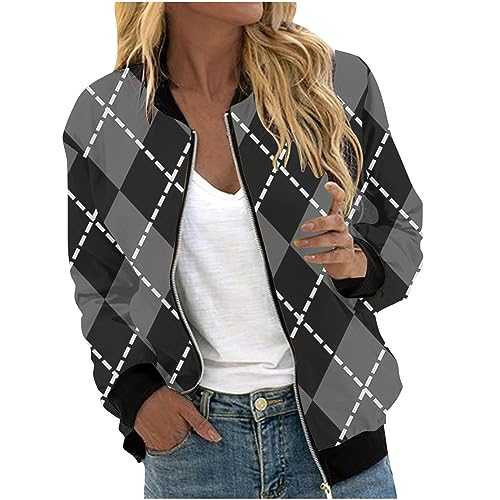 HAOLEI Plaid Bomber Jacket for Women UK Lightweight Winter Fall Jackets Zip Up Casual Outwear Ladies Oversized Windbreaker Winter Warm Coats Fashion Long Sleeve Cardigan