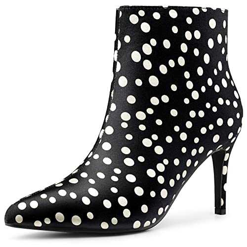 Allegra K Women's Polka Dots Pointed Toe Stiletto Heel Satin Ankle Boots